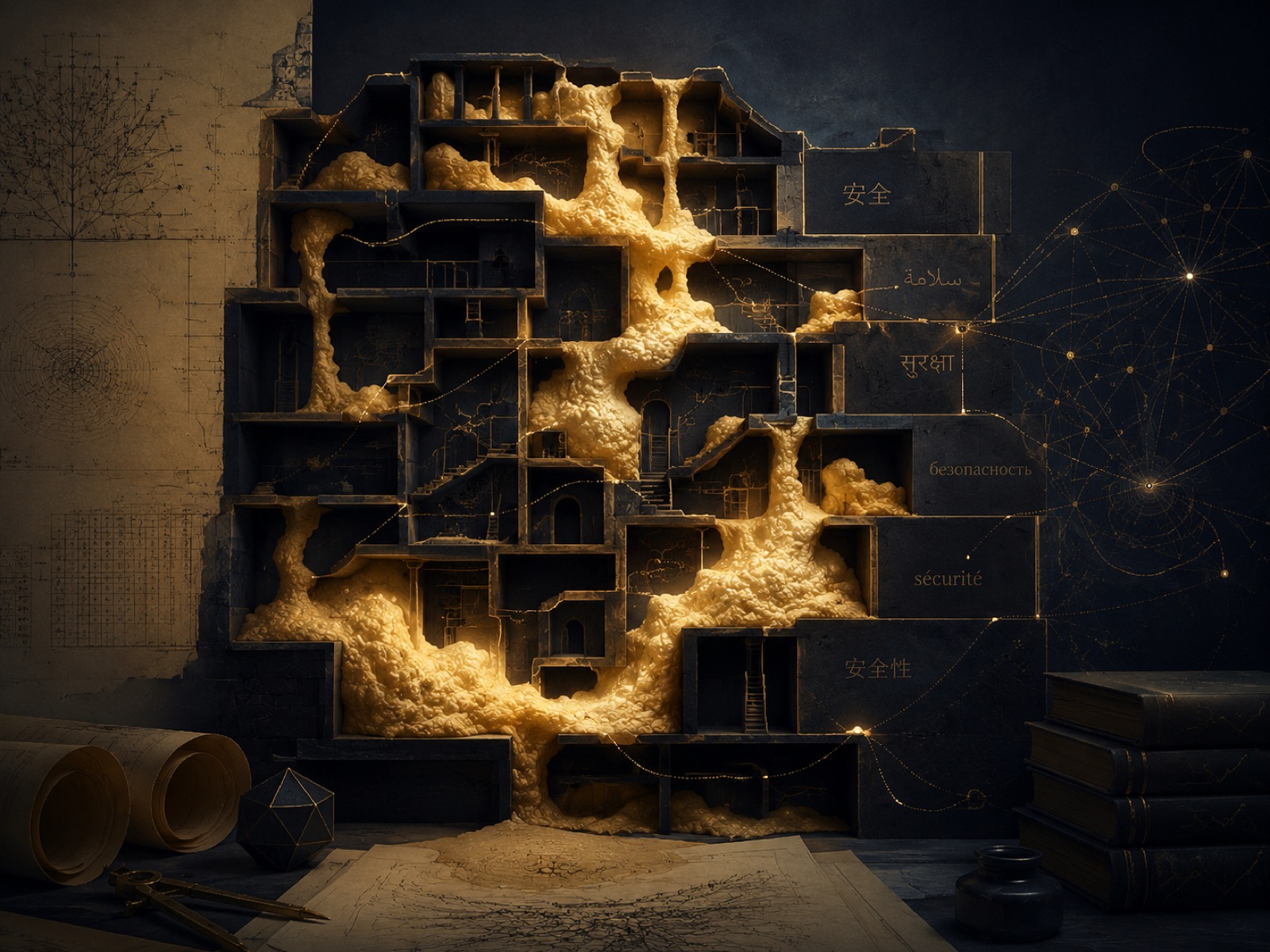 A dark, chambered structure with luminous gold foam expanding through its reachable cavities — the expanding-foam metaphor for occupying rare representation space.